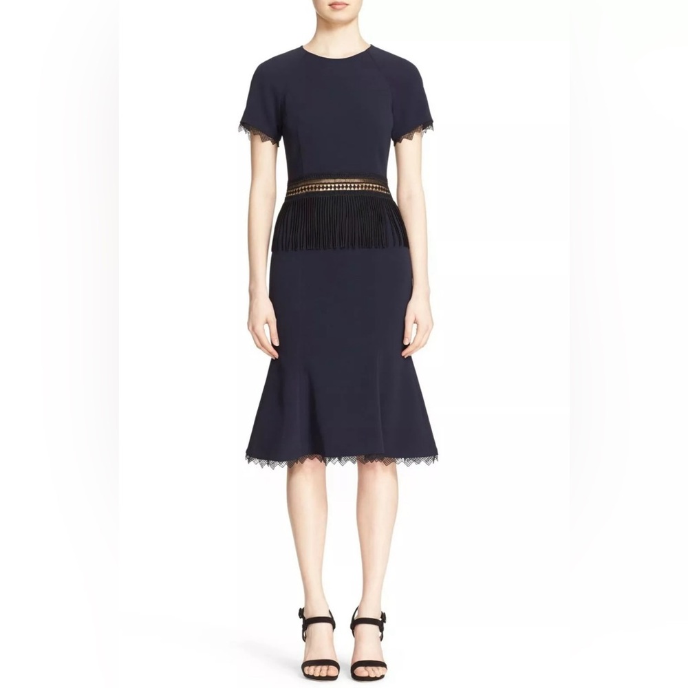Jonathan Simkhai Navy Blue Crochet Fringe Fluted Bodycon Dress Midi
